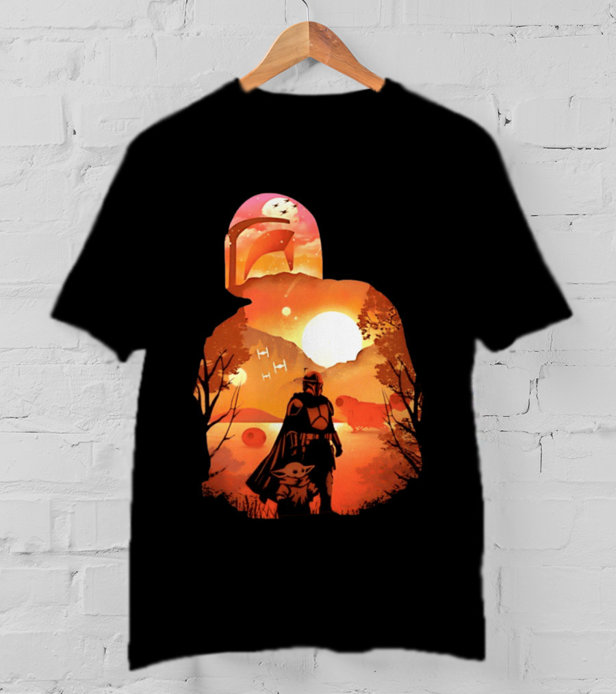Hunting Companions Bounty Hunter Sunset Mandalorian Grogu Art By Dandingeroz T-Shirt