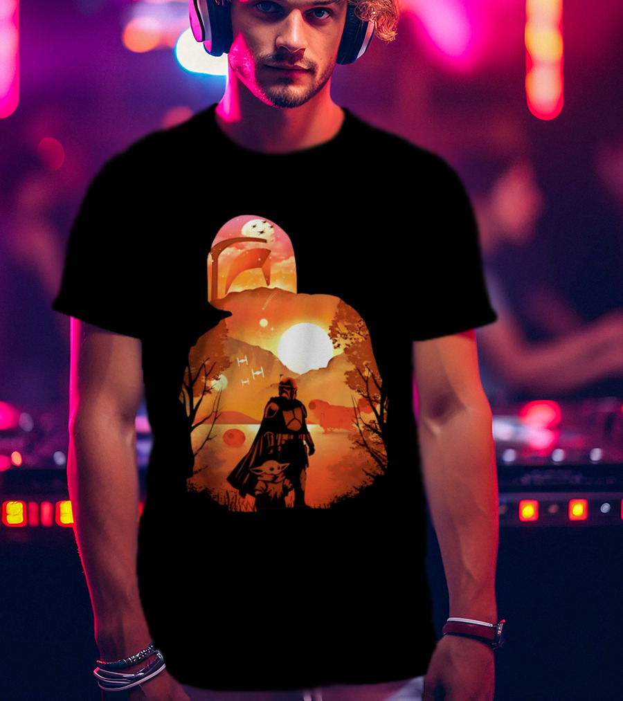 Hunting Companions Bounty Hunter Sunset Mandalorian Grogu Art By Dandingeroz T-Shirt