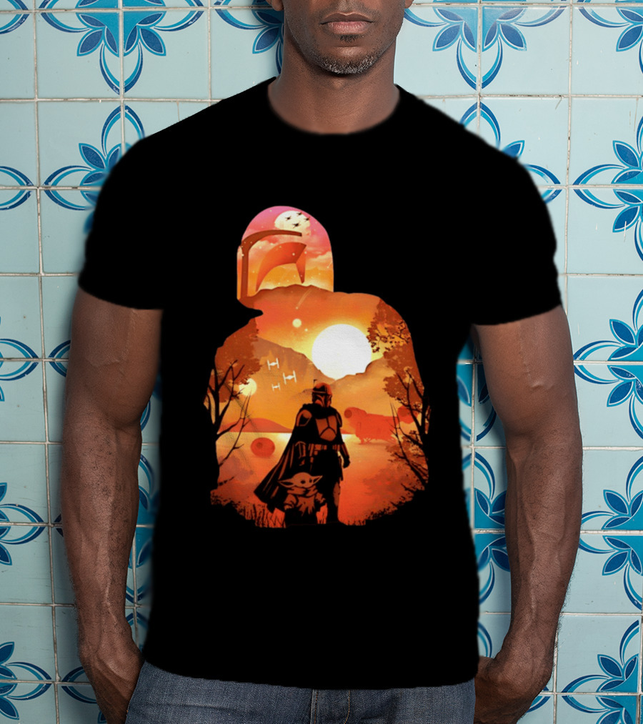 Hunting Companions Bounty Hunter Sunset Mandalorian Grogu Art By Dandingeroz T-Shirt