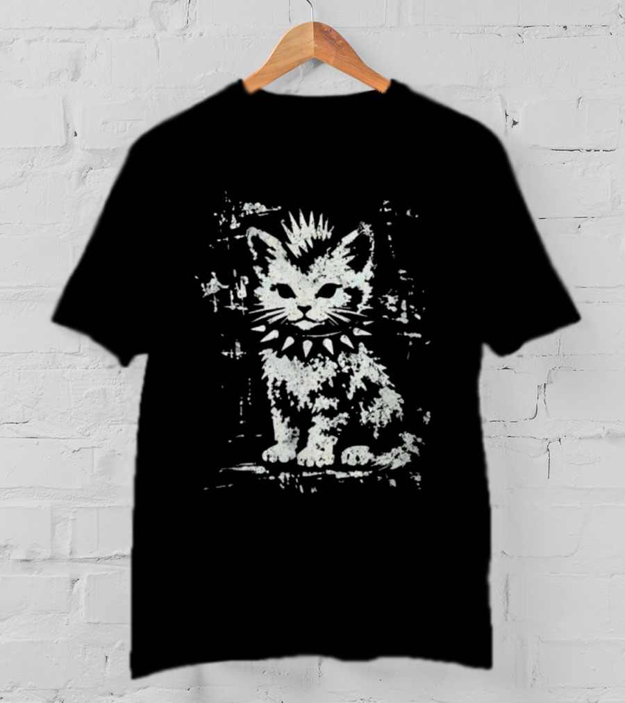 Punk Rock Cat Mohawk And Studded Collar T-Shirt
