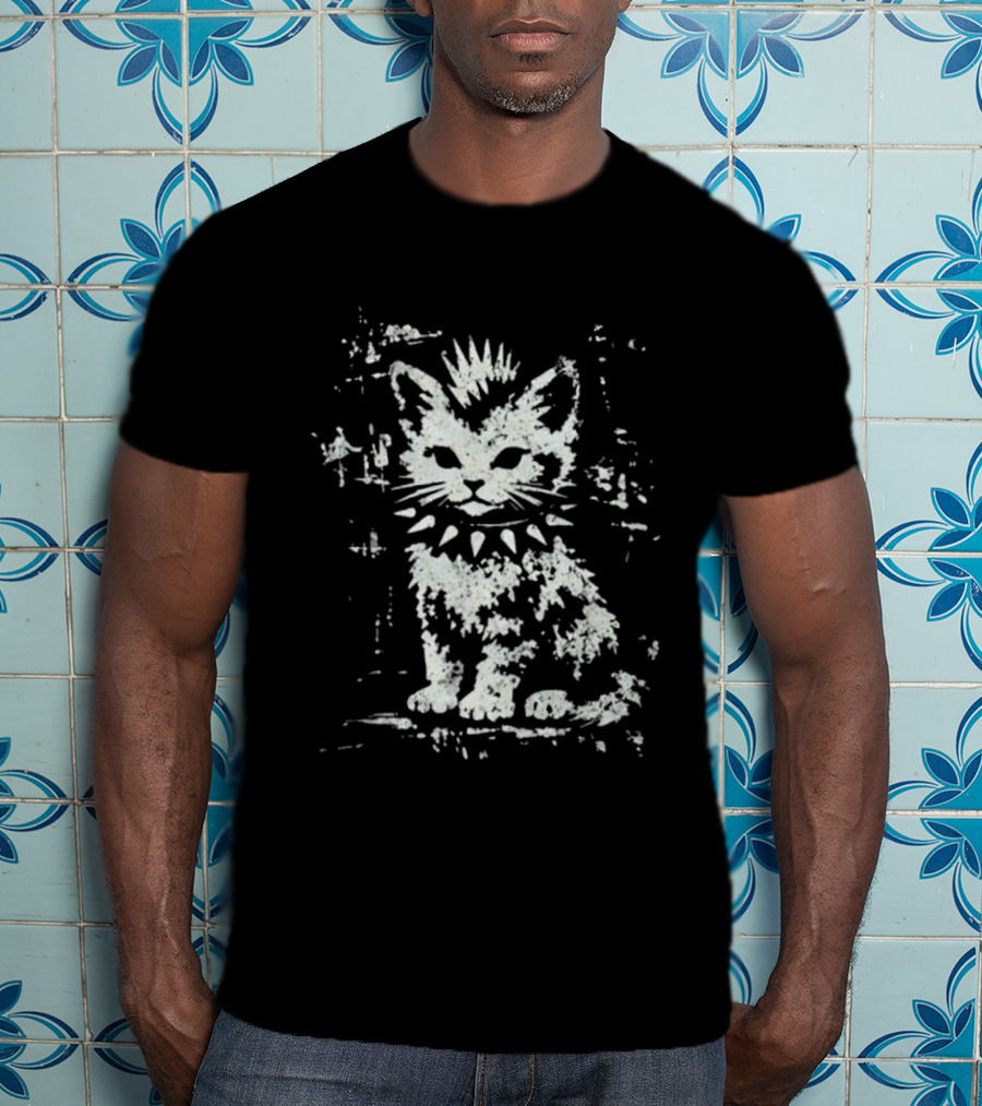 Punk Rock Cat Mohawk And Studded Collar T-Shirt