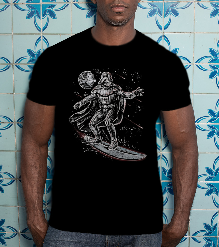 Vader Surfing Through The Galaxy Lord Of The Swell Retro Space Adventure T-Shirt