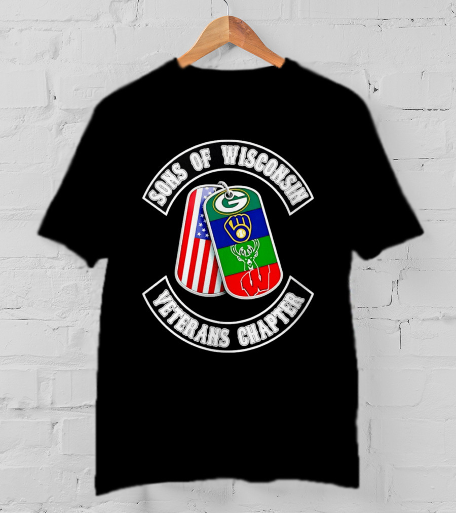 Sons Of Wisconsin Veterans Chapter Green Bay Packers Milwaukee Brewers Milwaukee Bucks Badgers American Flag Dog Tags T-Shirt