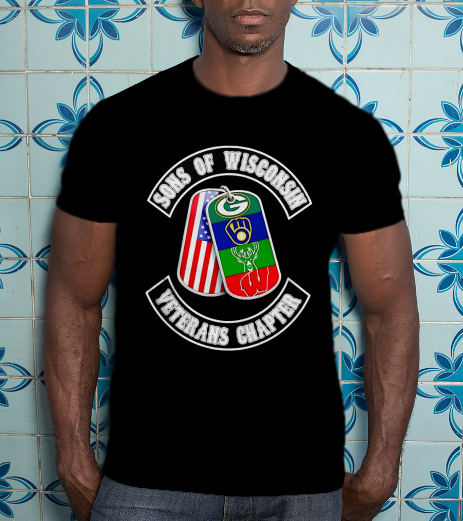 Sons Of Wisconsin Veterans Chapter Green Bay Packers Milwaukee Brewers Milwaukee Bucks Badgers American Flag Dog Tags T-Shirt