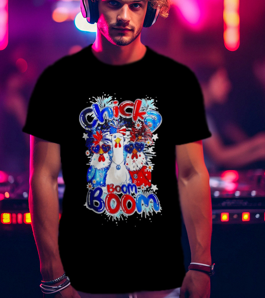 Chicka Boom Boom Patriotic Chickens With Headbands And Peace Signs T-Shirt