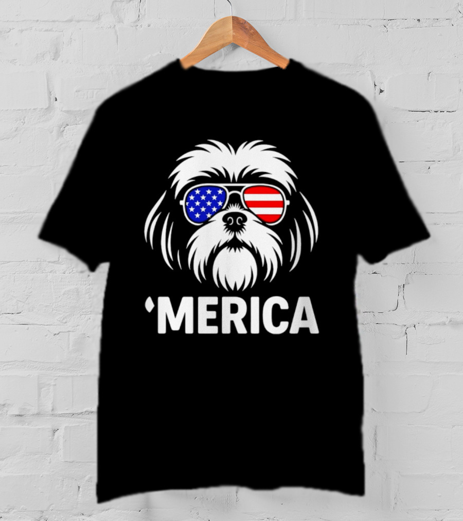 Shih Tzu Dog 'Merica American Flag Sunglasses T-Shirt