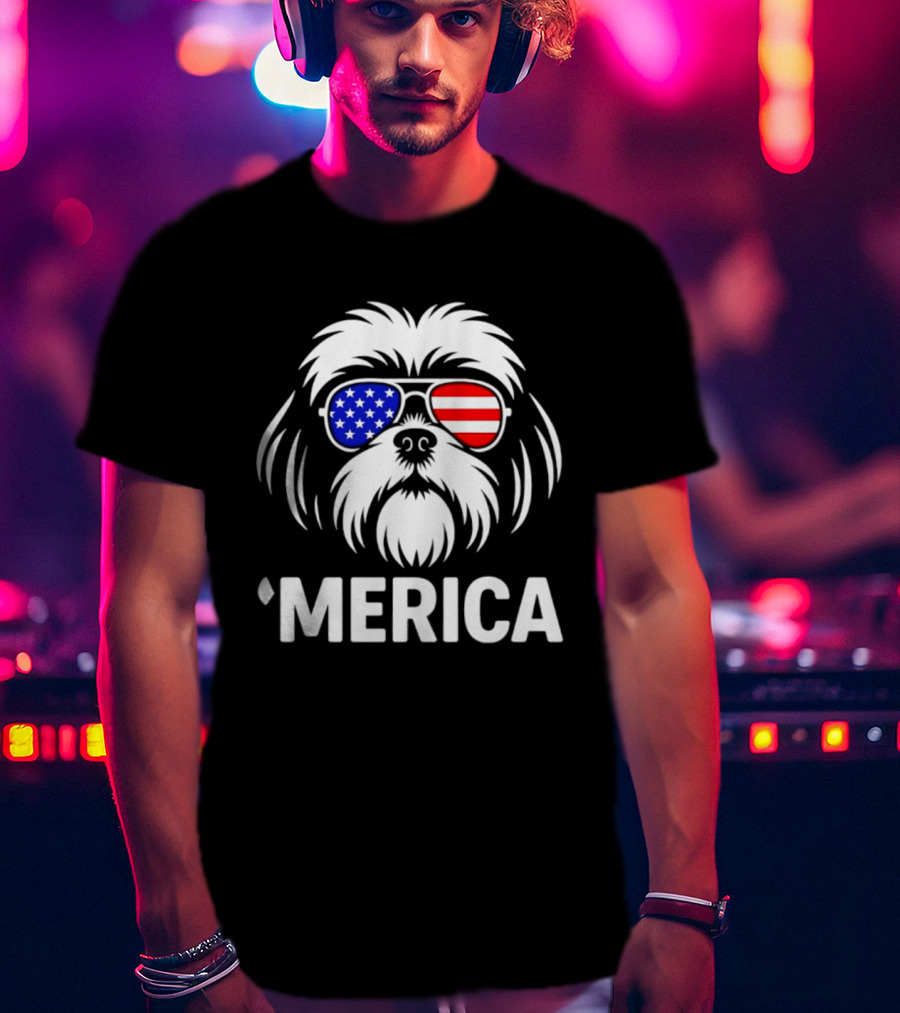 Shih Tzu Dog 'Merica American Flag Sunglasses T-Shirt