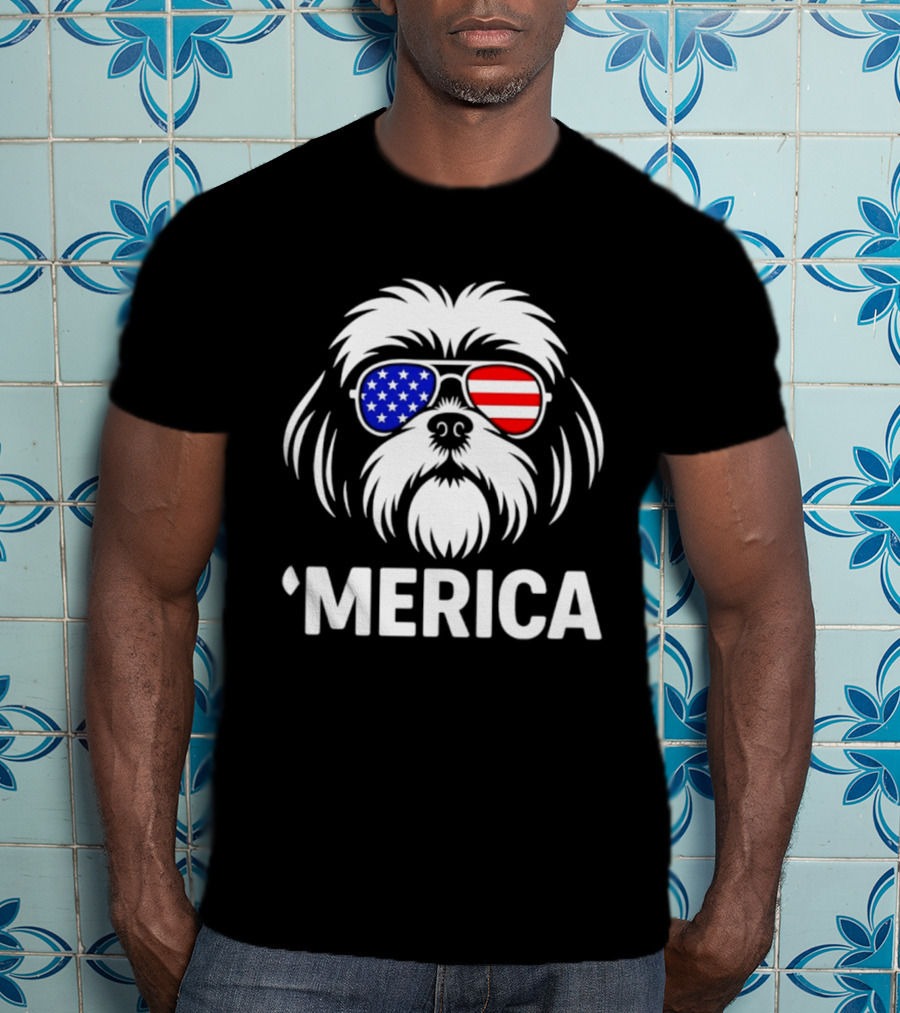 Shih Tzu Dog 'Merica American Flag Sunglasses T-Shirt