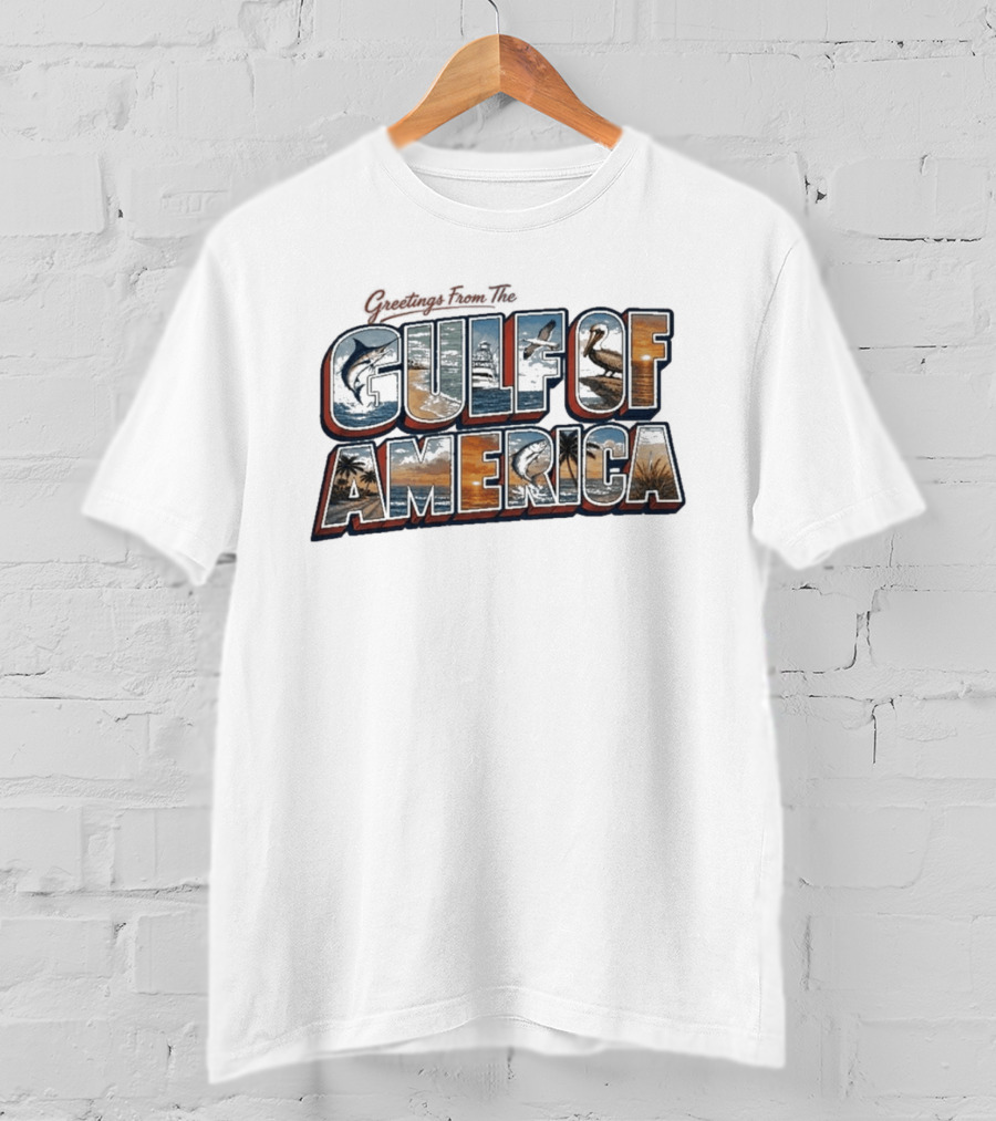 Greetings From The Gulf Of America Marlin Pelican Palm Trees Sunset Ocean Adventure T-Shirt