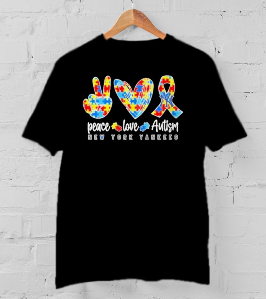 New York Yankees Peace Love Autism Puzzle Ribbon T-Shirt