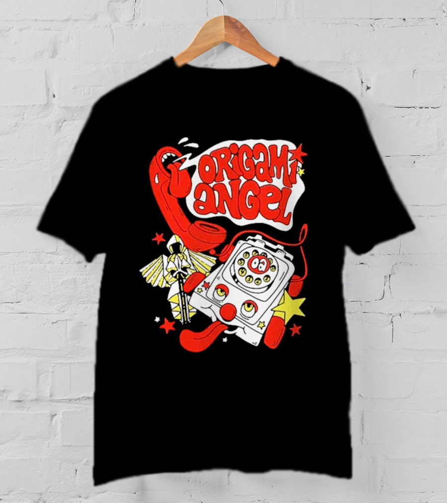 Origami Angel Retro Phone Illustration With Stars And Wings T-Shirt