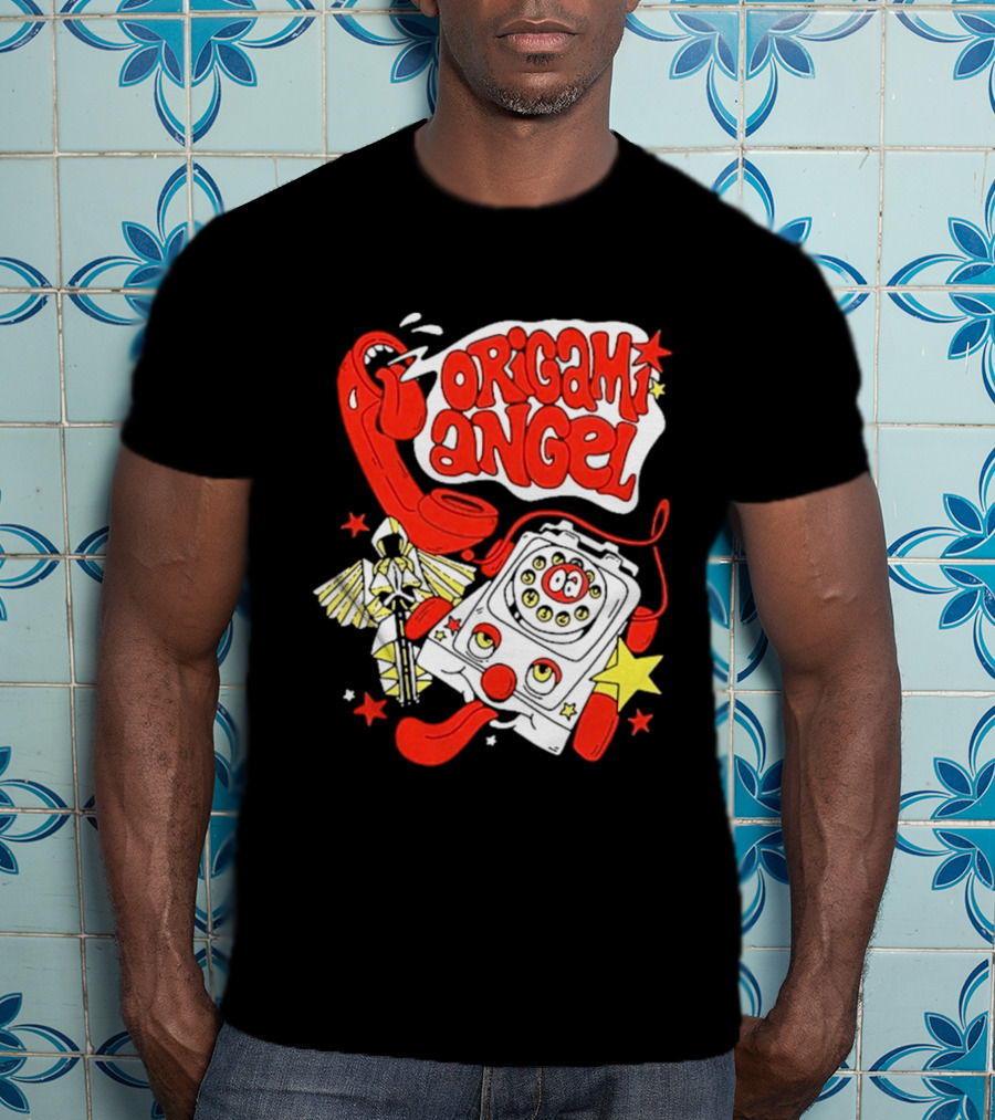 Origami Angel Retro Phone Illustration With Stars And Wings T-Shirt