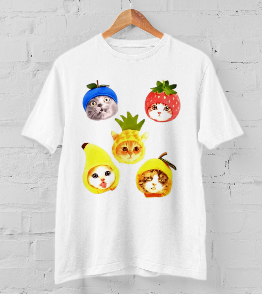 Whimsical Cats In Fruit Hats Blueberry Strawberry Pineapple Banana Apple T-Shirt