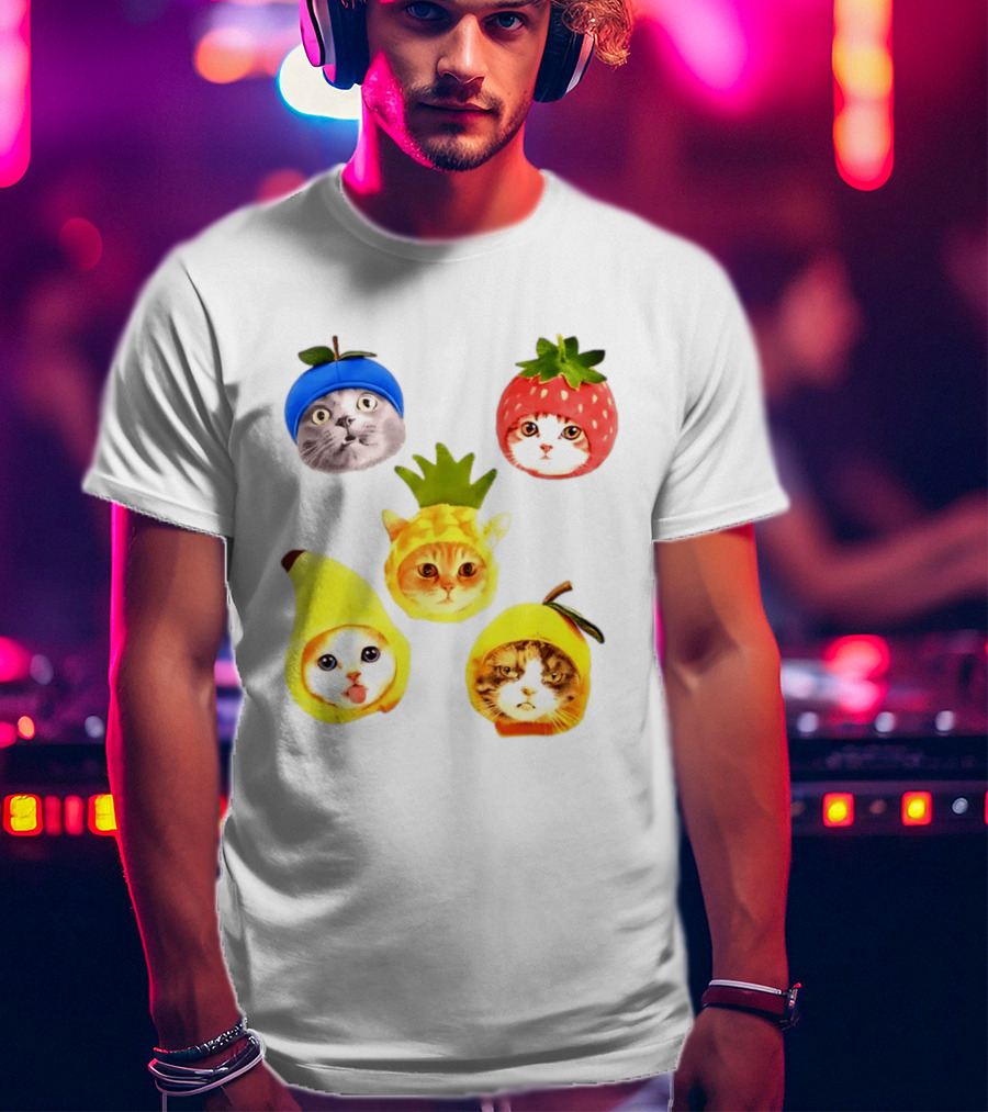 Whimsical Cats In Fruit Hats Blueberry Strawberry Pineapple Banana Apple T-Shirt