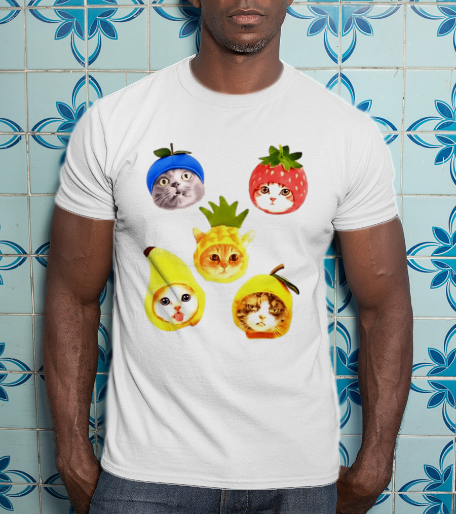 Whimsical Cats In Fruit Hats Blueberry Strawberry Pineapple Banana Apple T-Shirt