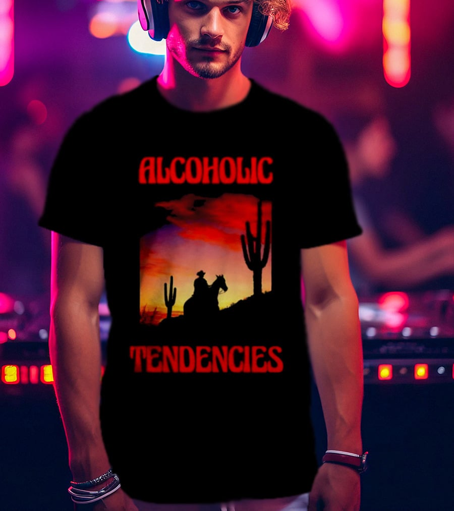 Alcoholic Tendencies Cowboy Desert Sunset Cactus Scene T-Shirt