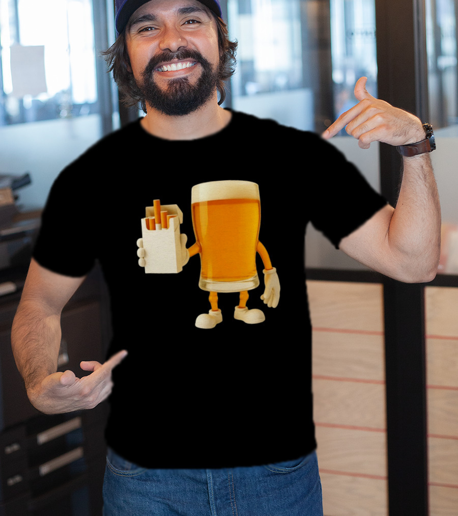 Beer Glass Holding Cigarettes Funny Drunk Cigs T-Shirt