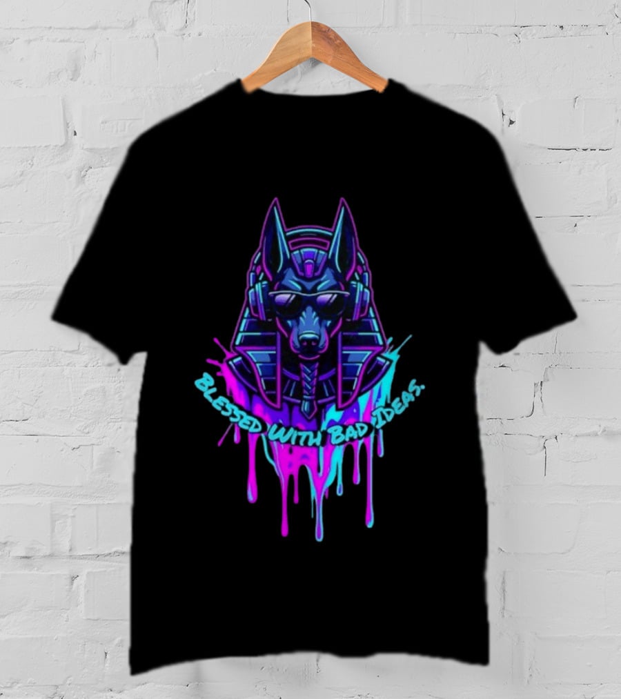 Blessed With Bad Ideas Anubis Headphones Neon Egyptian Mythology T-Shirt