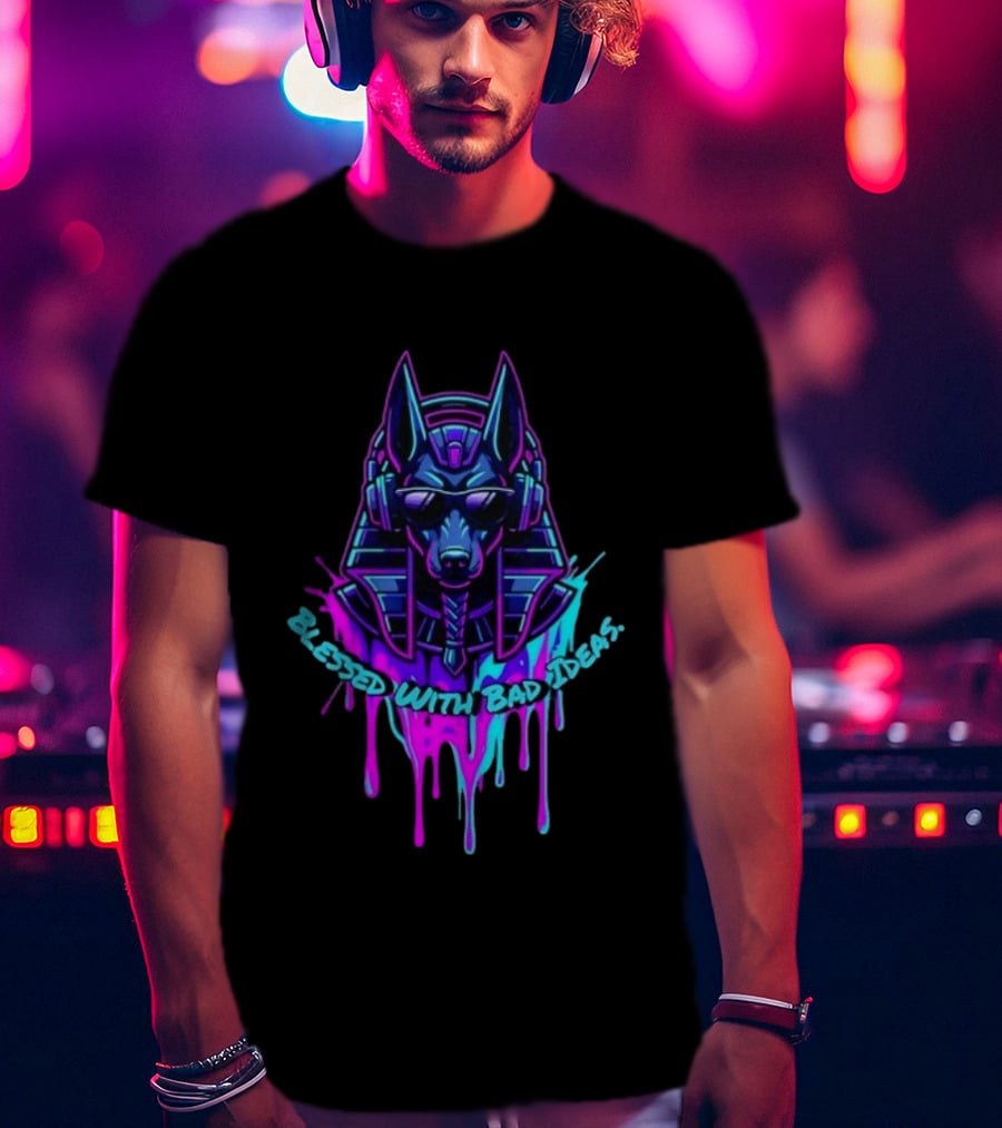 Blessed With Bad Ideas Anubis Headphones Neon Egyptian Mythology T-Shirt