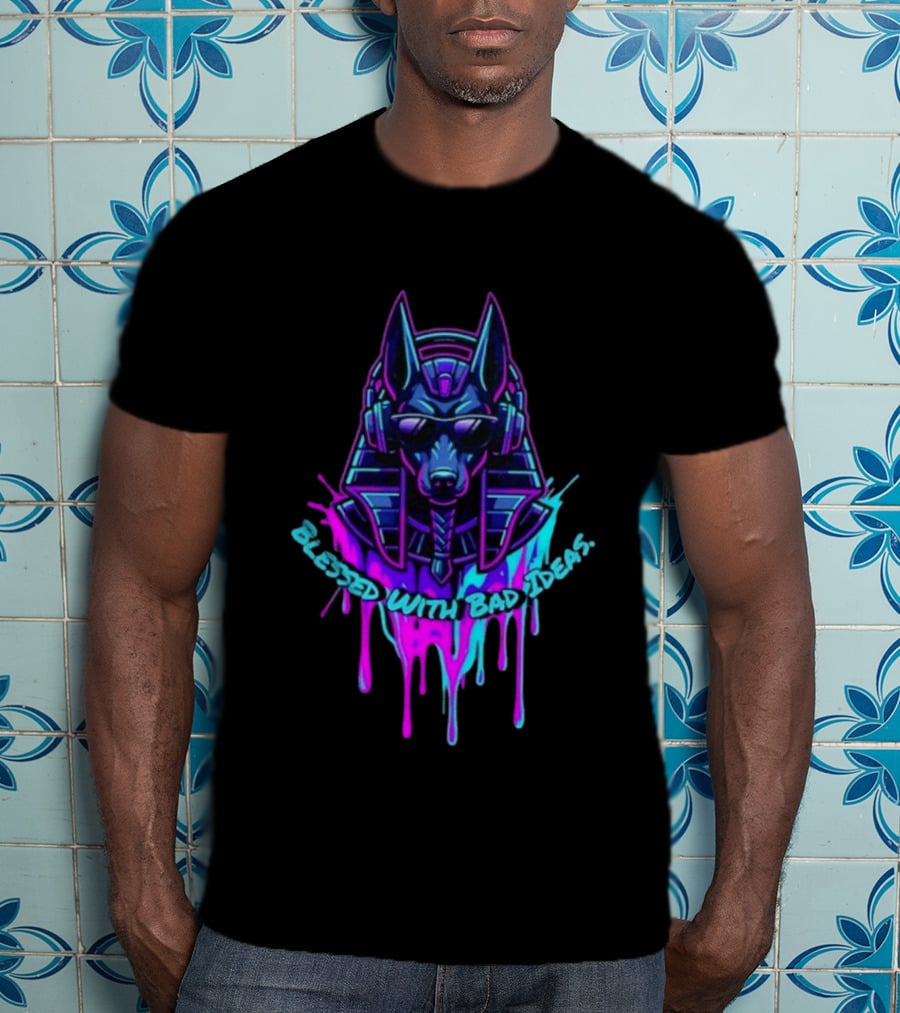 Blessed With Bad Ideas Anubis Headphones Neon Egyptian Mythology T-Shirt