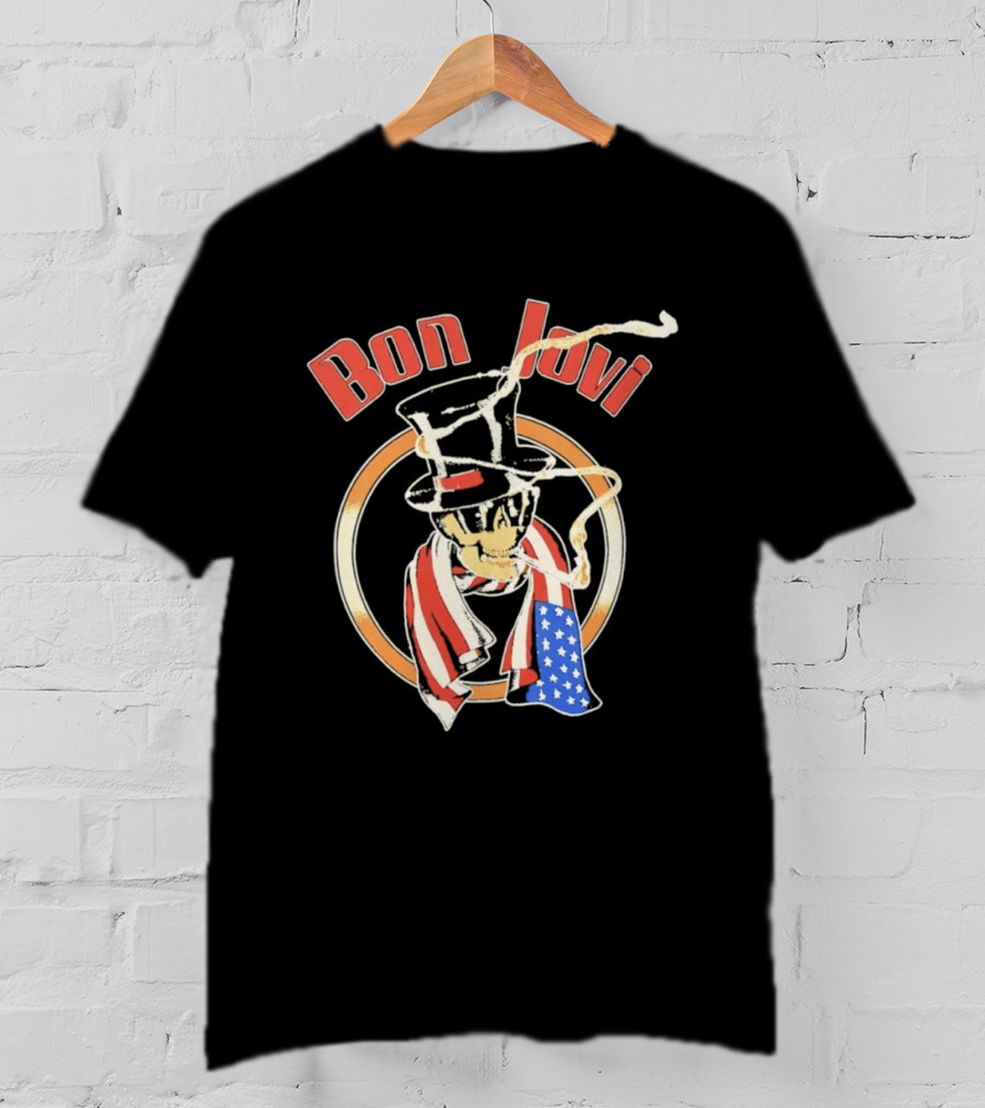 Bon Jovi American Skull With Patriotic Top Hat And Flag Scarf T-Shirt
