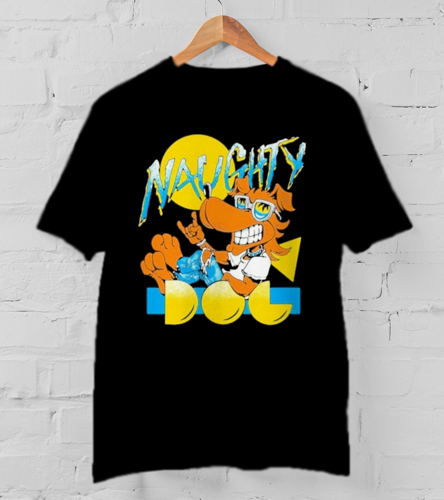 Naughty Dog Retro Cartoon Character With Sunglasses And Sunburst T-Shirt