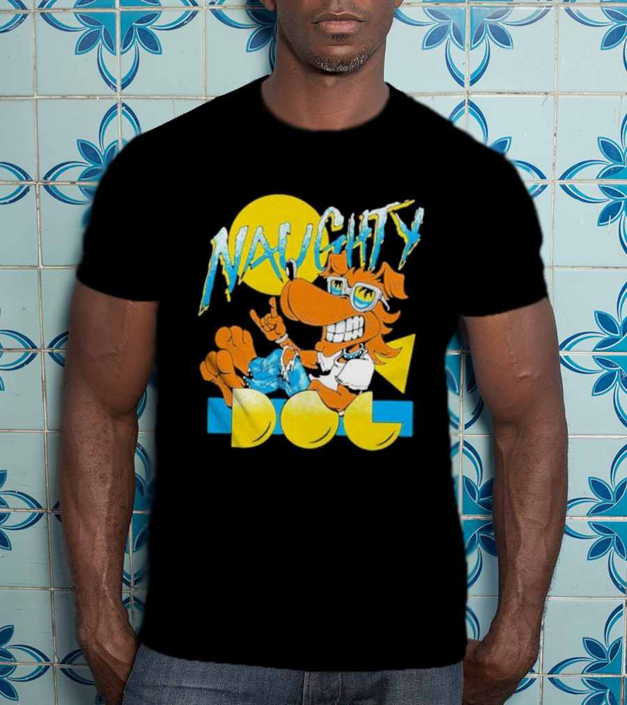 Naughty Dog Retro Cartoon Character With Sunglasses And Sunburst T-Shirt