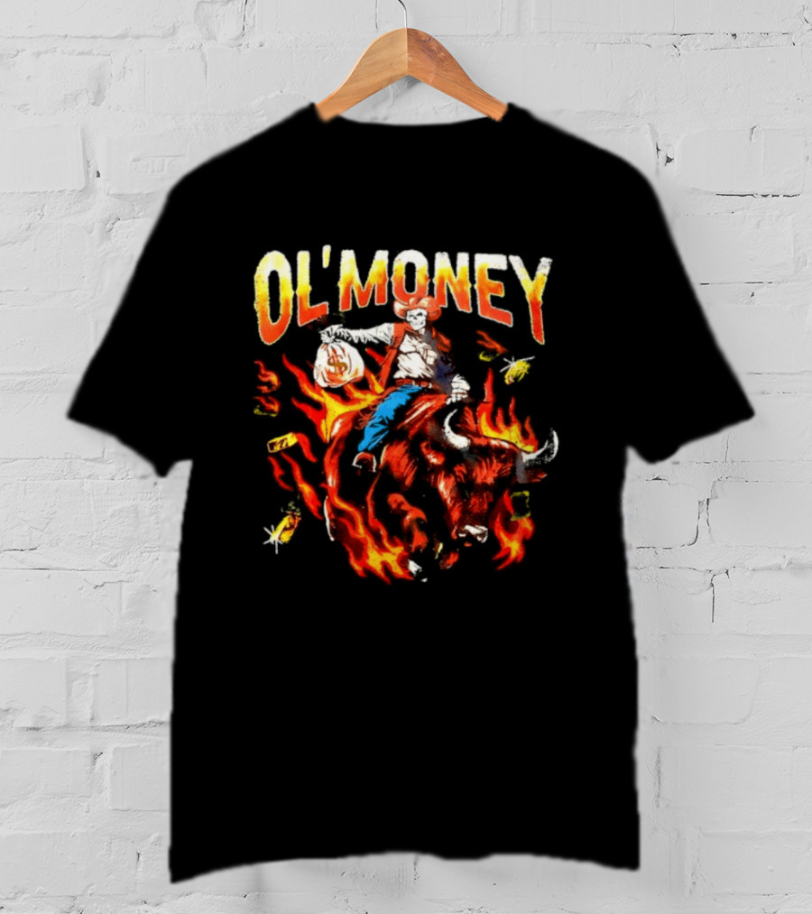 Ol' Money RSN Brand Skeleton Cowboy Riding Flaming Bull T-Shirt