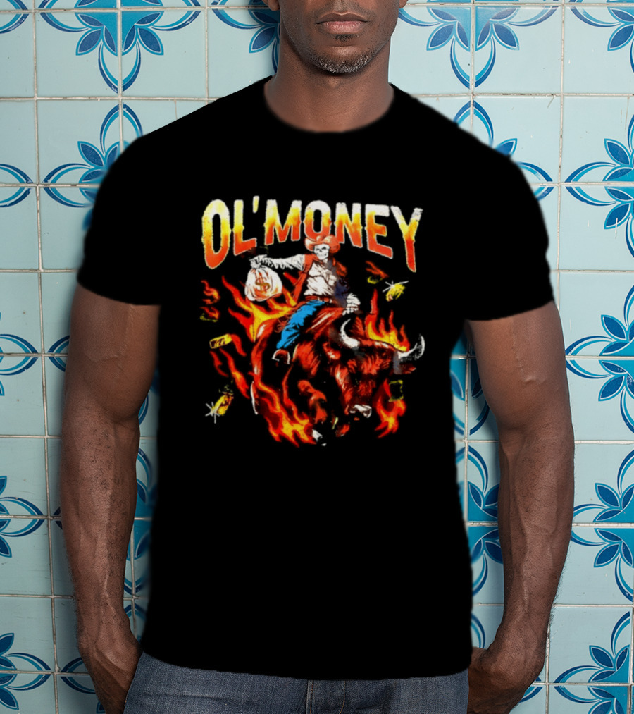 Ol' Money RSN Brand Skeleton Cowboy Riding Flaming Bull T-Shirt