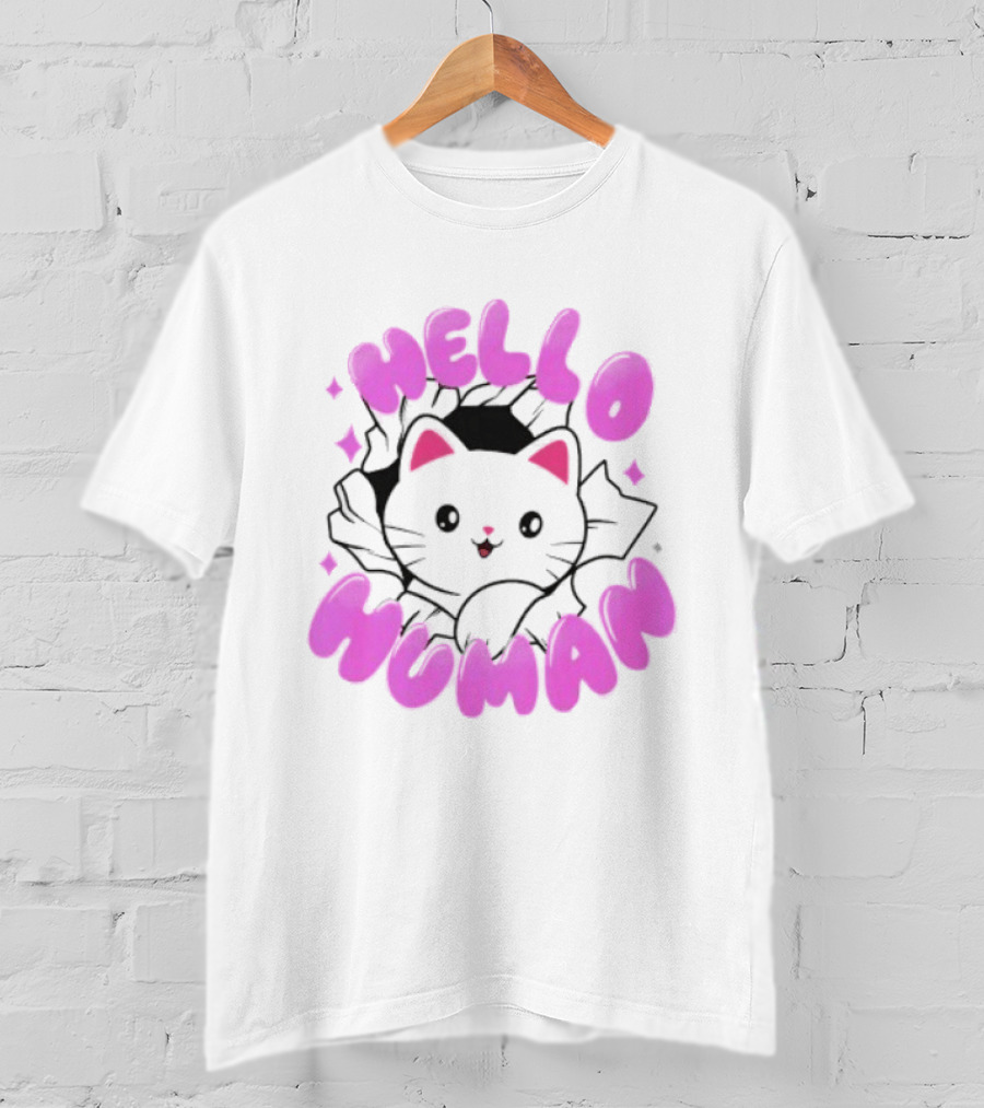 Hello Human Kawaii Cat Kitten Cute Pink T-Shirt