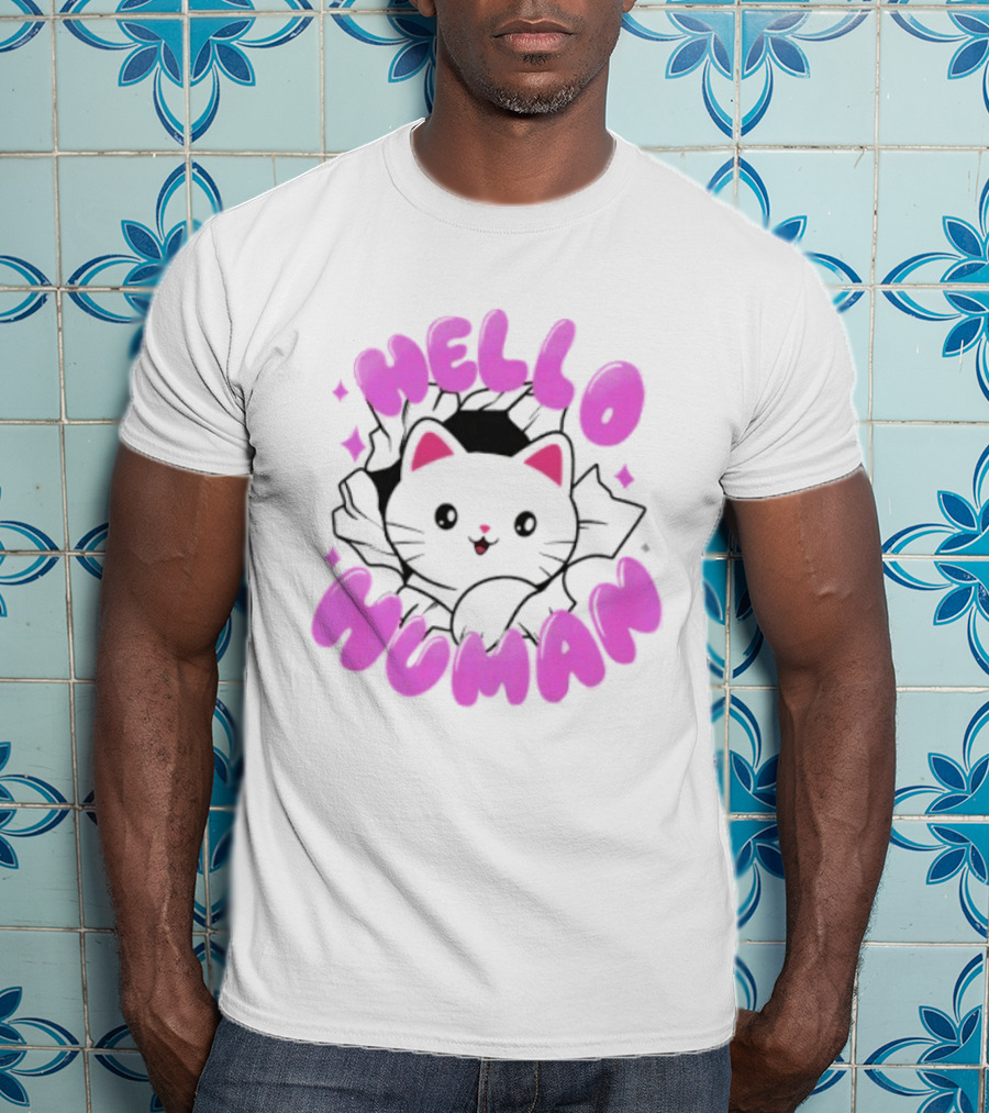 Hello Human Kawaii Cat Kitten Cute Pink T-Shirt