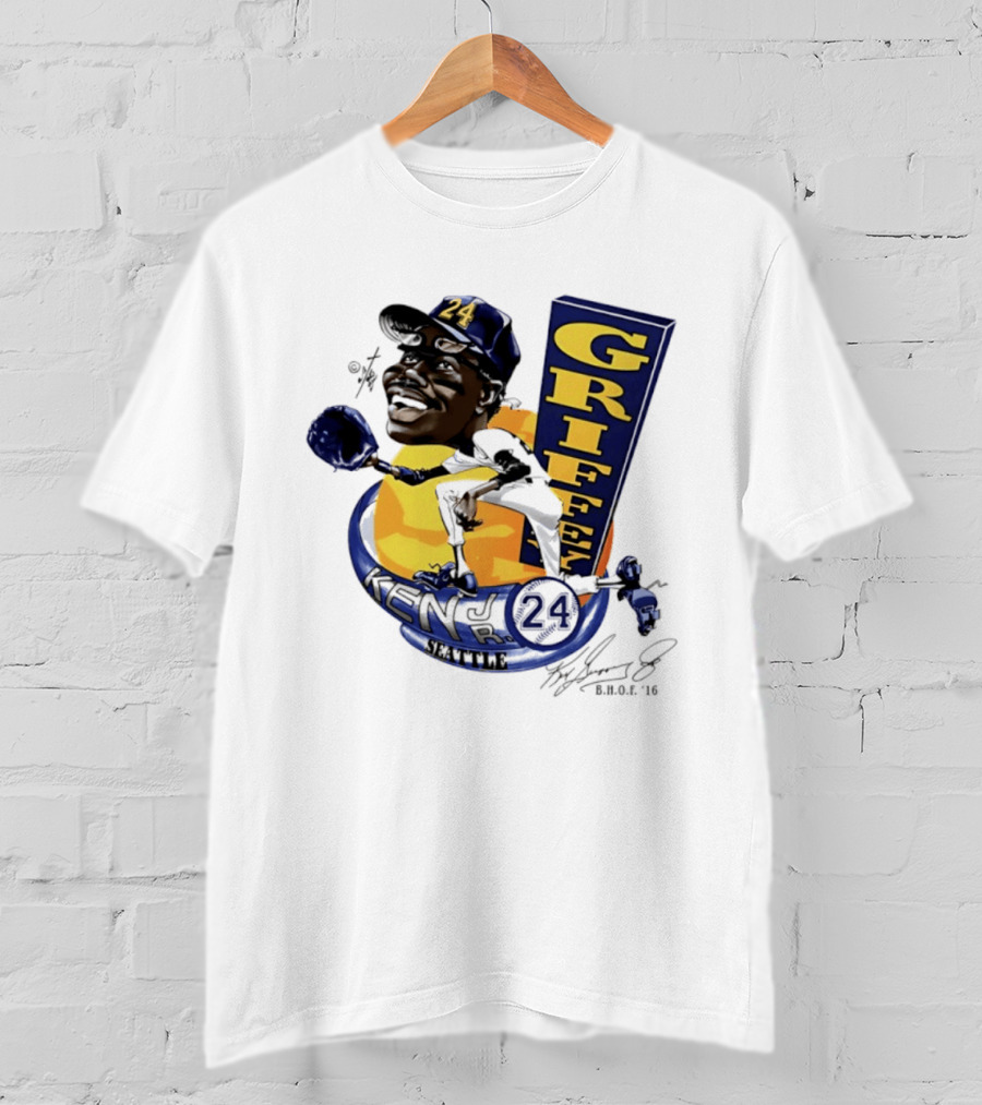 Ken Griffey Jr 24 Seattle Baseball Caricature Bruce Stark Signature T-Shirt