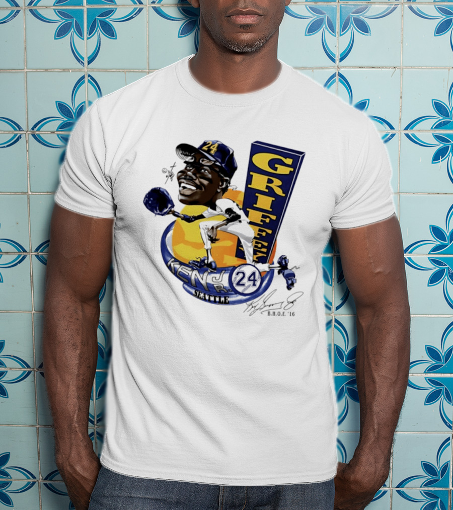 Ken Griffey Jr 24 Seattle Baseball Caricature Bruce Stark Signature T-Shirt