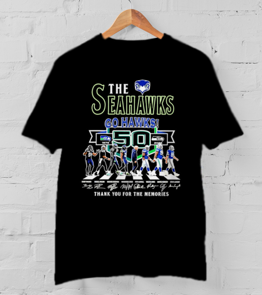 The Seahawks Go Hawks 50th Anniversary Thank You For The Memories 1976 2026 Signatures T-Shirt