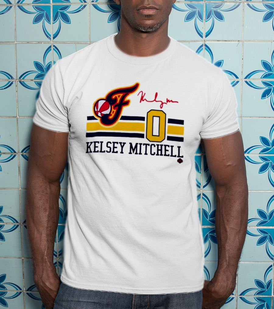 Kelsey Mitchell Indiana Fever No. 0 F Logo And Signature T-Shirt