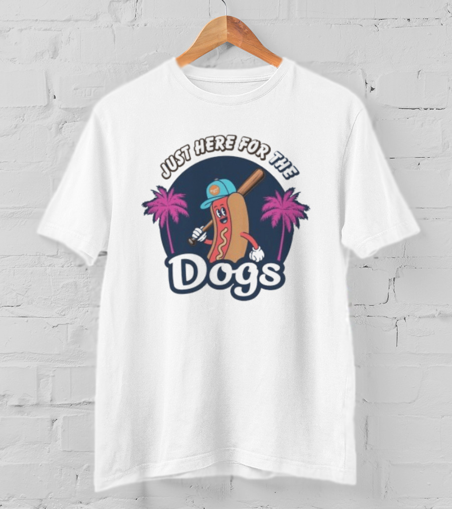 Just Here For The Dogs Cartoon Hot Dog Baseball Palm Trees T-Shirt