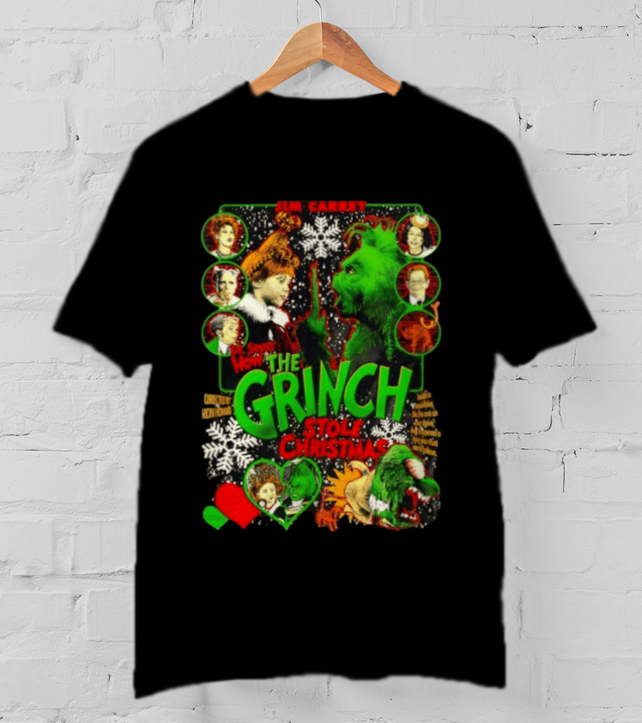 Jim Carrey Dr Seuss How The Grinch Stole Christmas Movie With Characters And Snowflakes T-Shirt