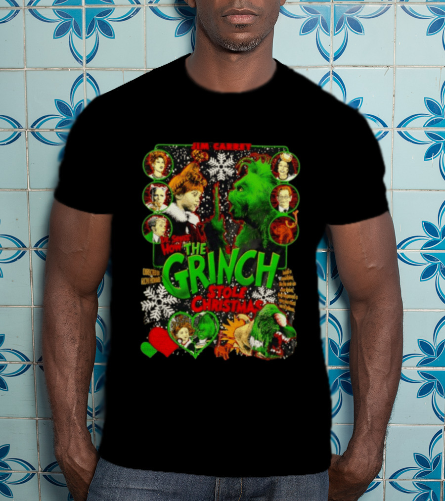 Jim Carrey Dr Seuss How The Grinch Stole Christmas Movie With Characters And Snowflakes T-Shirt