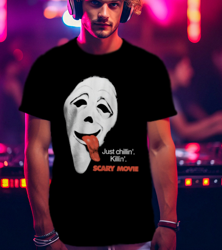 Just Chillin' Killin' Scary Movie Ghostface Mask With Red Tongue T-Shirt