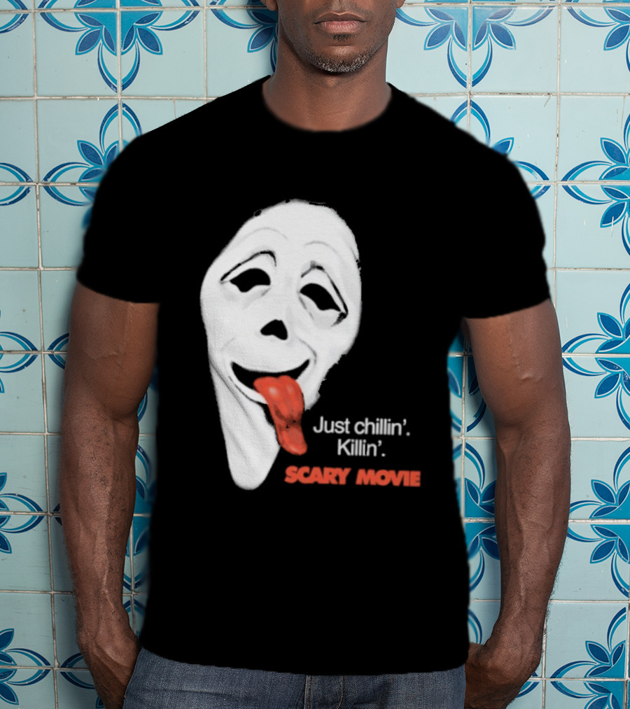 Just Chillin' Killin' Scary Movie Ghostface Mask With Red Tongue T-Shirt