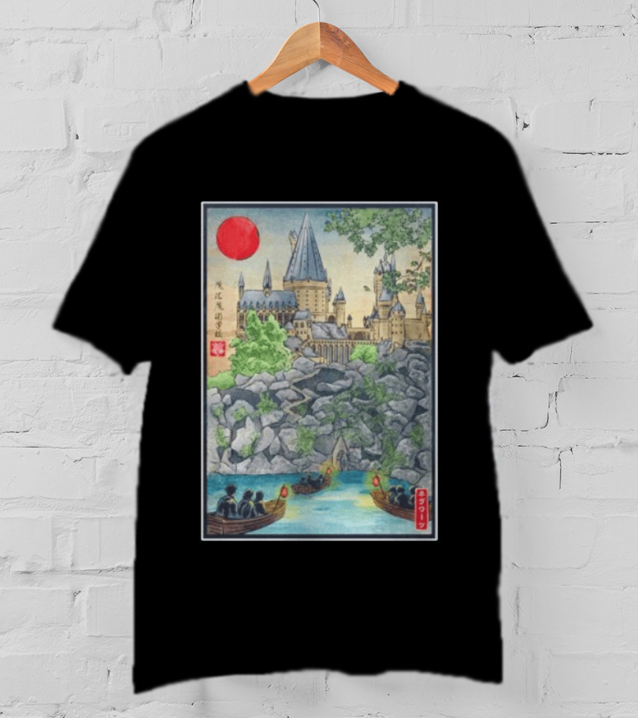 Hogwarts School Of Witchcraft And Wizardry Japanese Ukiyo E Style Castle With Boats And Red Sun T-Shirt