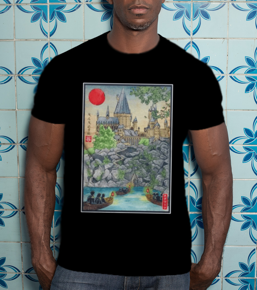 Hogwarts School Of Witchcraft And Wizardry Japanese Ukiyo E Style Castle With Boats And Red Sun T-Shirt