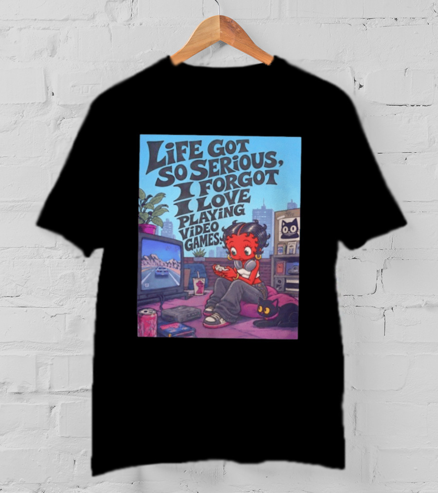 Life Got So Serious I Forgot I Love Playing Video Games City Room Scene Retro Character And Cat T-Shirt