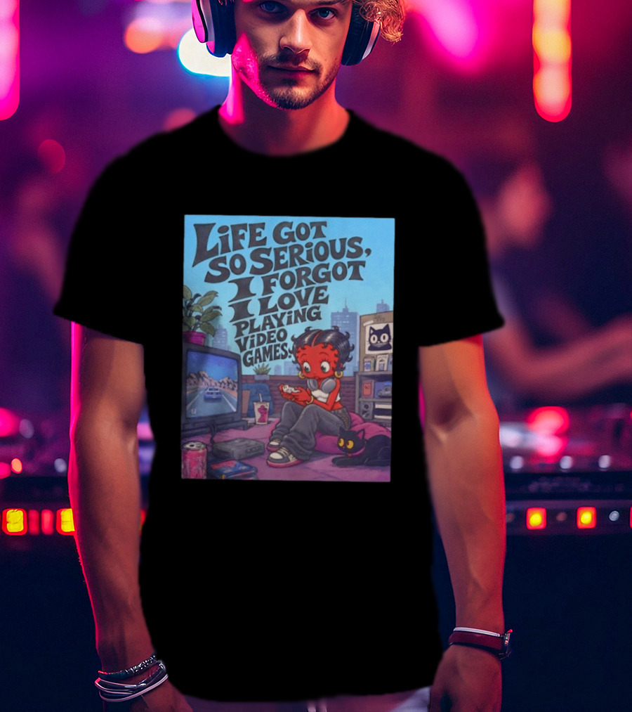 Life Got So Serious I Forgot I Love Playing Video Games City Room Scene Retro Character And Cat T-Shirt
