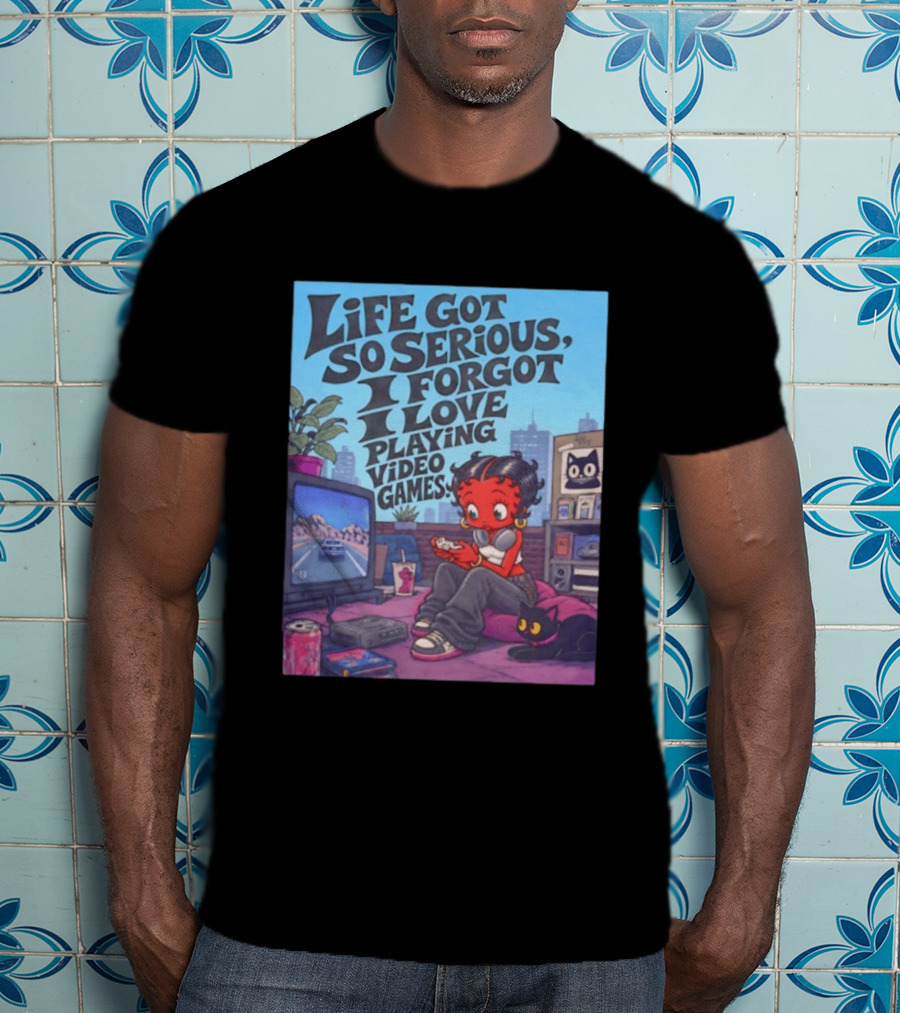 Life Got So Serious I Forgot I Love Playing Video Games City Room Scene Retro Character And Cat T-Shirt