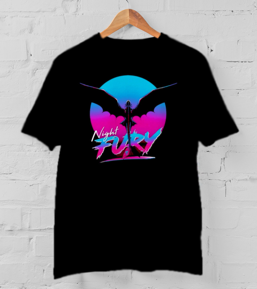 Night Fury Dragon Silhouette Neon Blue And Pink T-Shirt