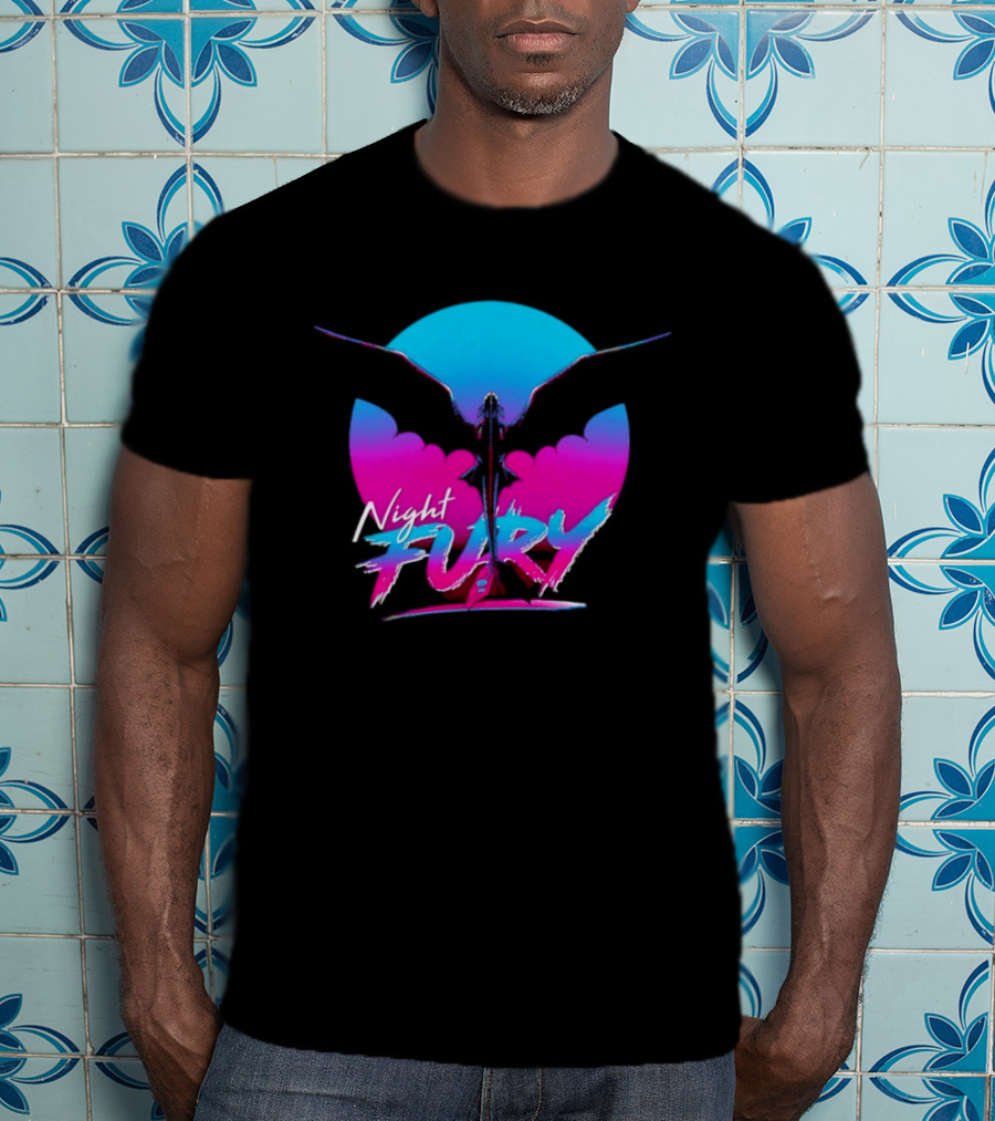 Night Fury Dragon Silhouette Neon Blue And Pink T-Shirt