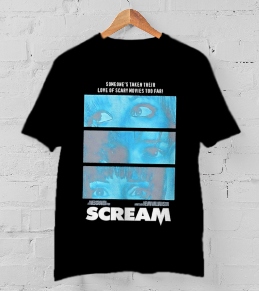 Someone's Taken Their Love Of Scary Movies Too Far Scream Eyes Dramatic Blue Panels T-Shirt