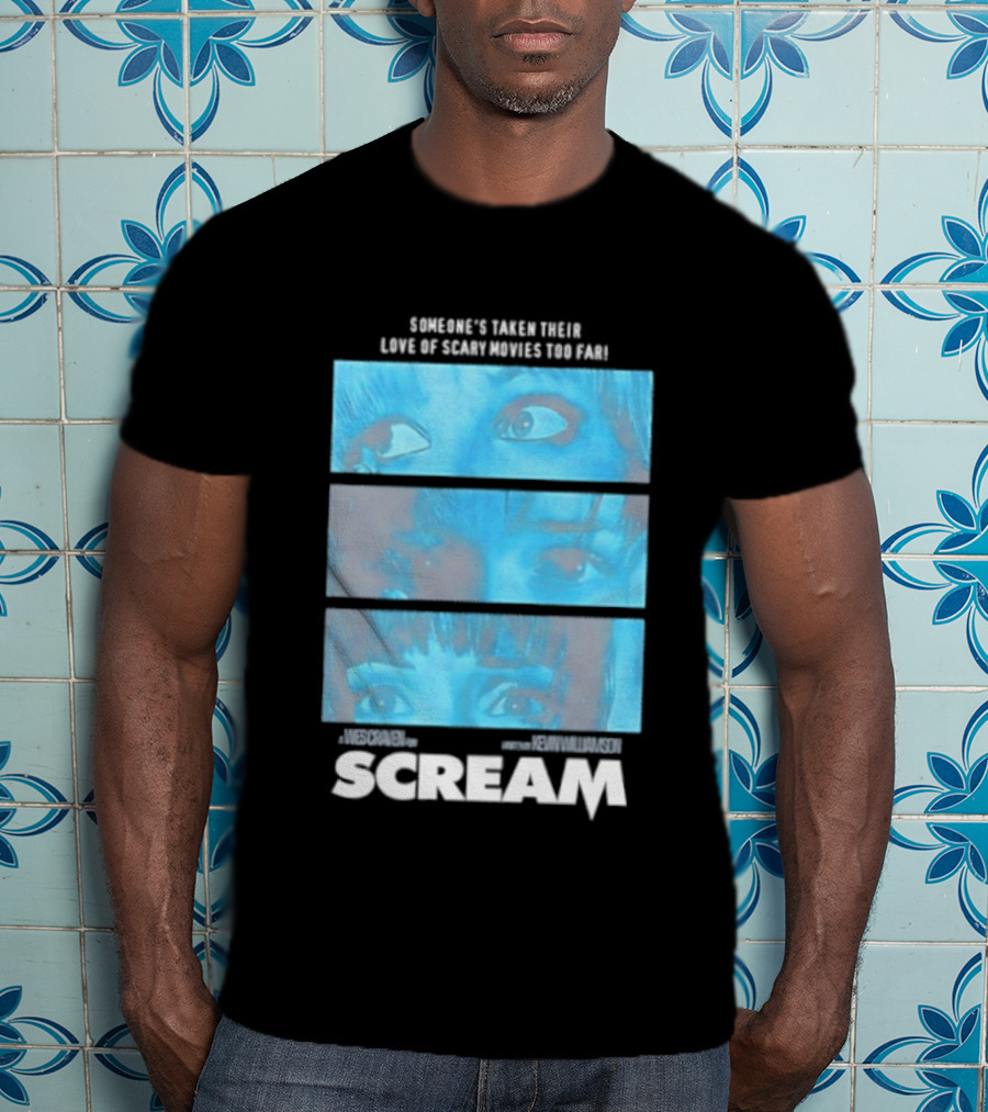 Someone's Taken Their Love Of Scary Movies Too Far Scream Eyes Dramatic Blue Panels T-Shirt