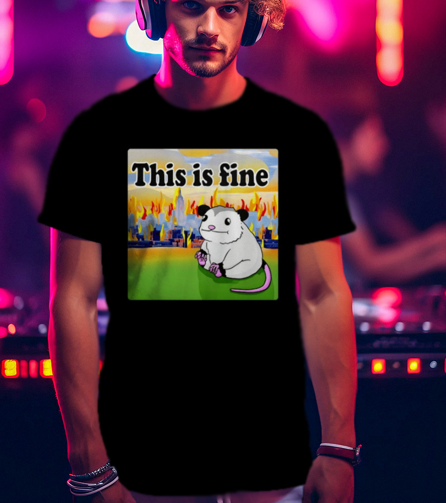 This Is Fine Opossum New York City NYC Urban Skyline Flames T-Shirt